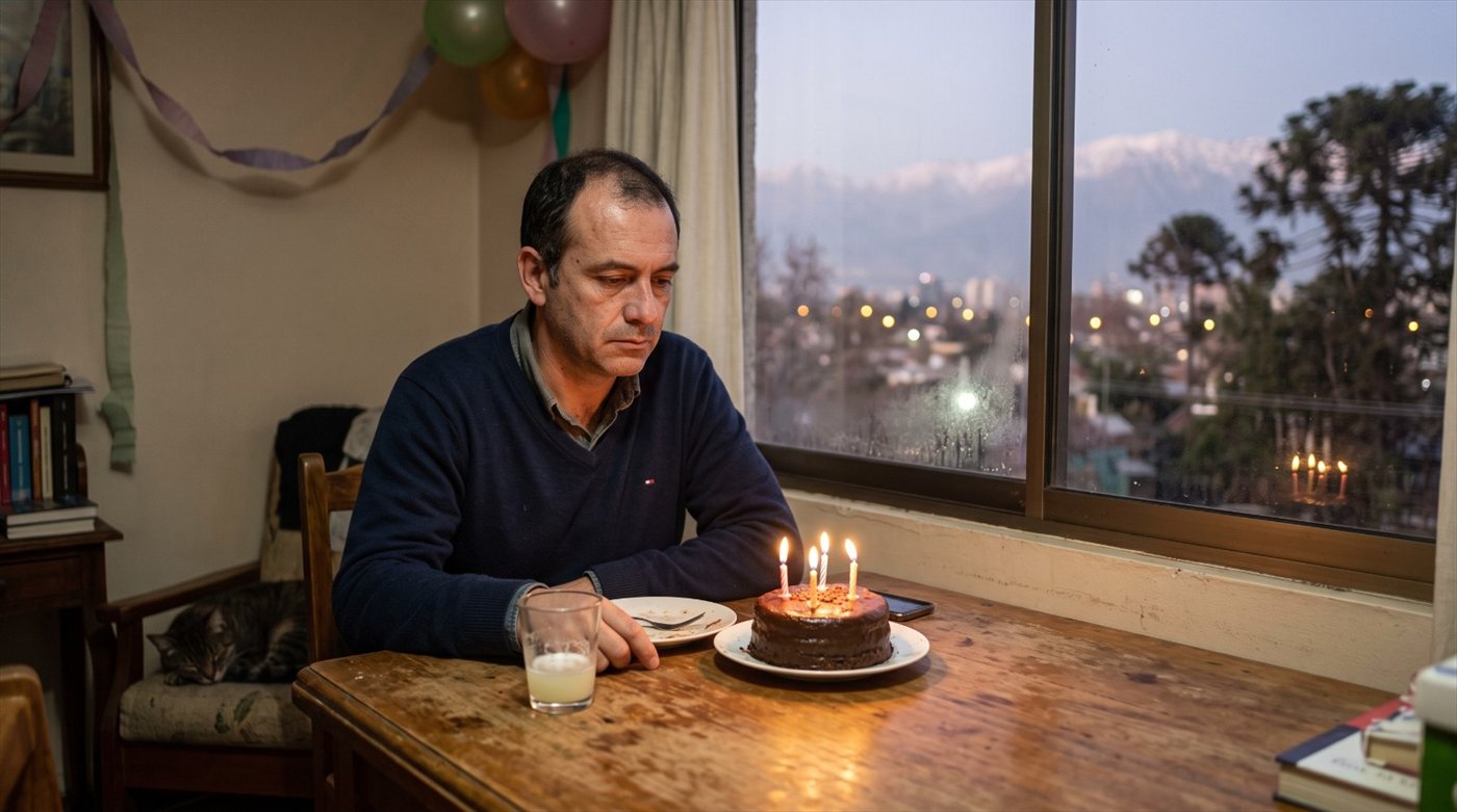 Un hombre solo frente a una torta con velas encendidas, en un departamento con guirnaldas y la ventana al atardecer