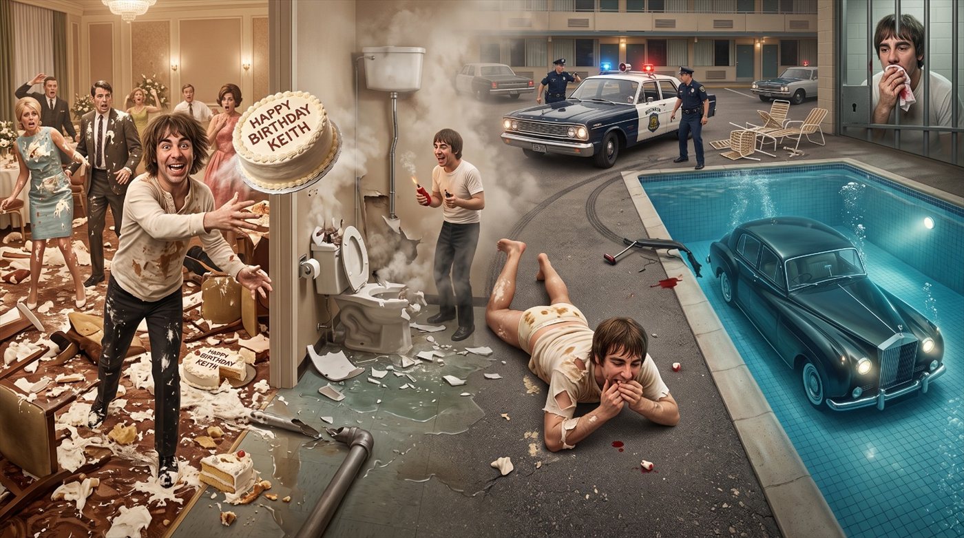 Collage sobre el cumpleaños de Keith Moon: la torta volando, el baño destrozado, la policía en el hotel y el auto en la piscina