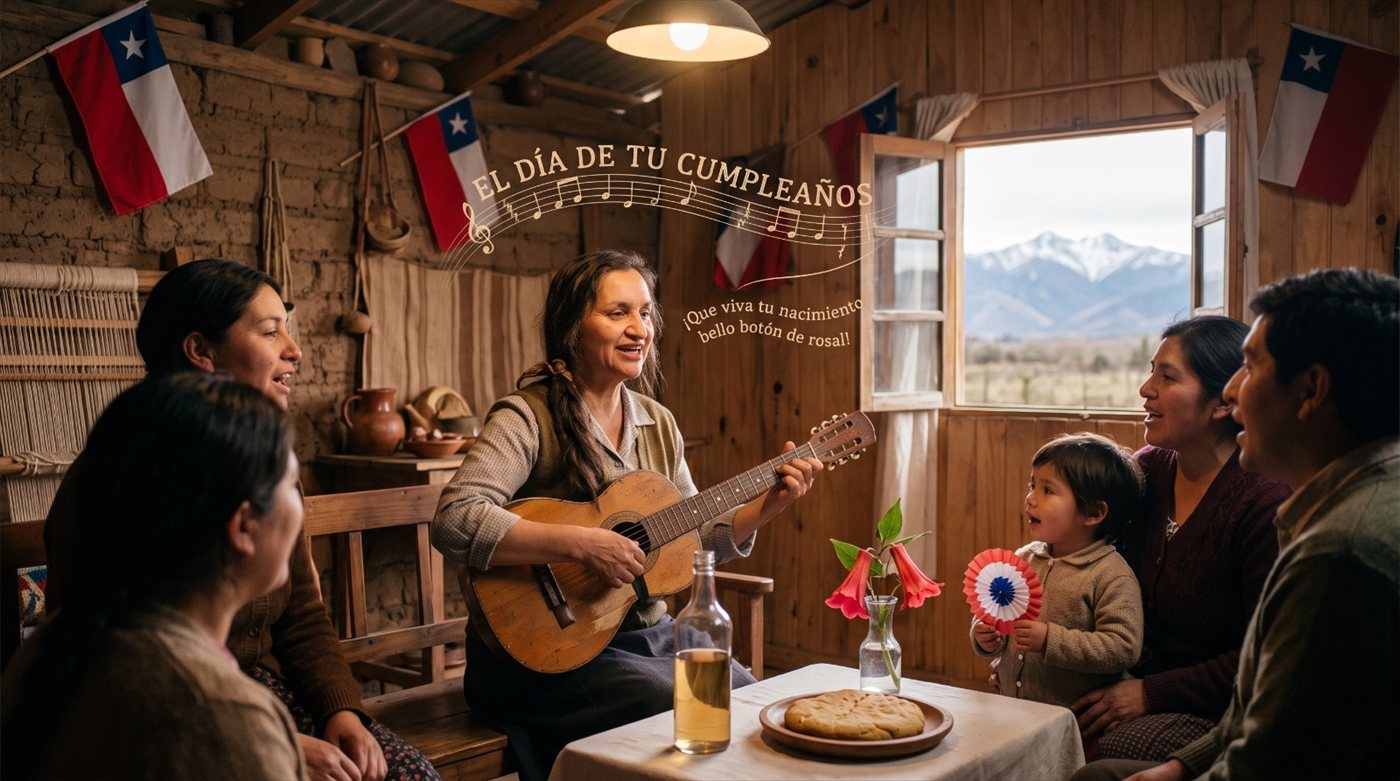 Una mujer canta con guitarra “El día de tu cumpleaños”, de Violeta Parra, en una casa de campo embanderada