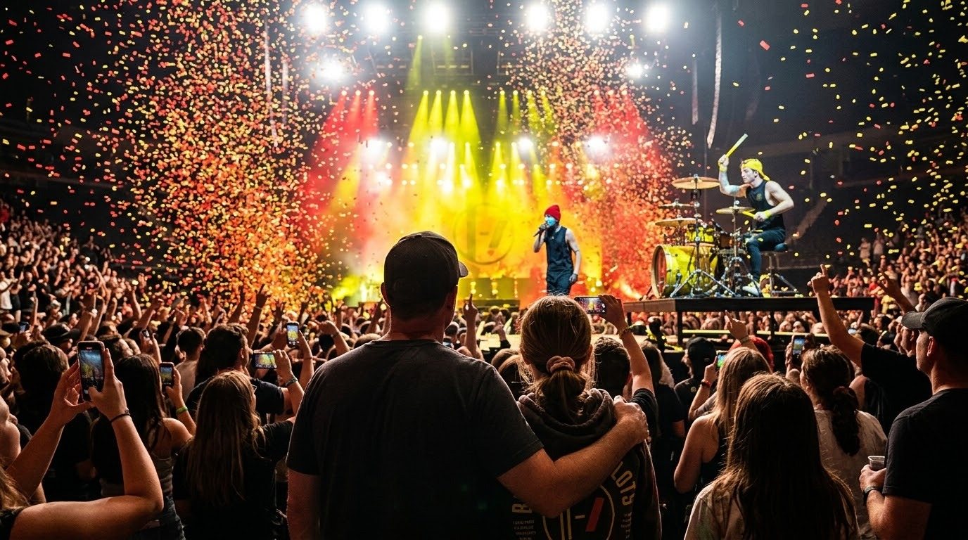Un padre abraza a su hija entre el público de un concierto de Twenty One Pilots, bajo una lluvia de papel picado y luces amarillas y rojas