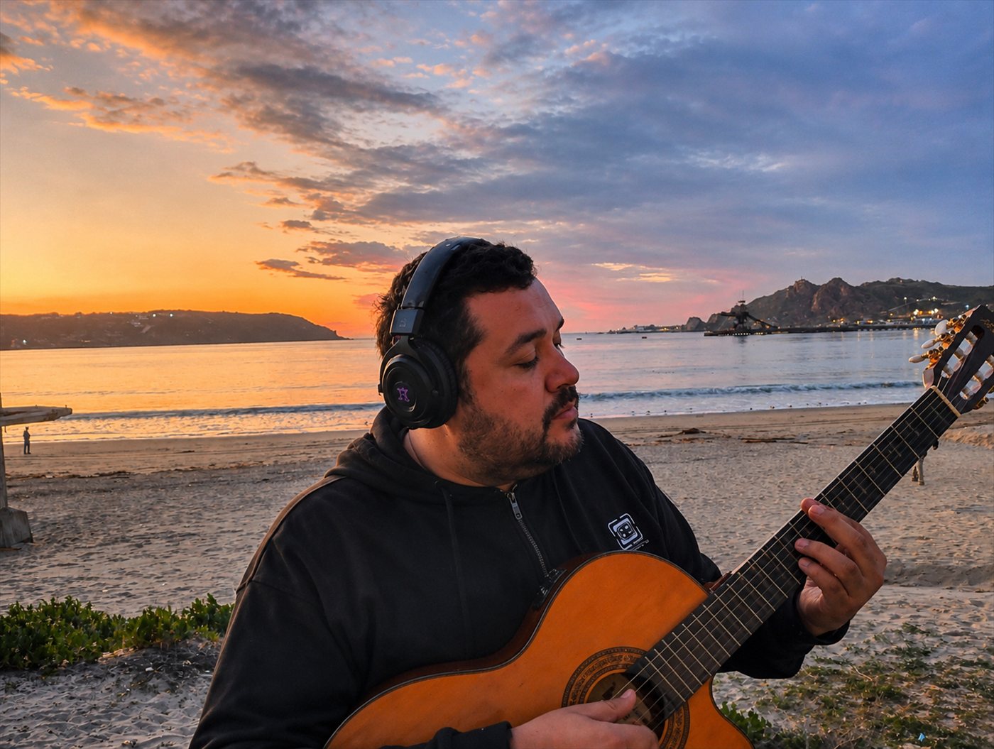 Petoro tocando guitarra al amanecer, frente al mar