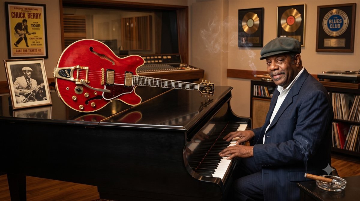Piano y guitarra en un estudio de grabación, homenaje a Chuck Berry