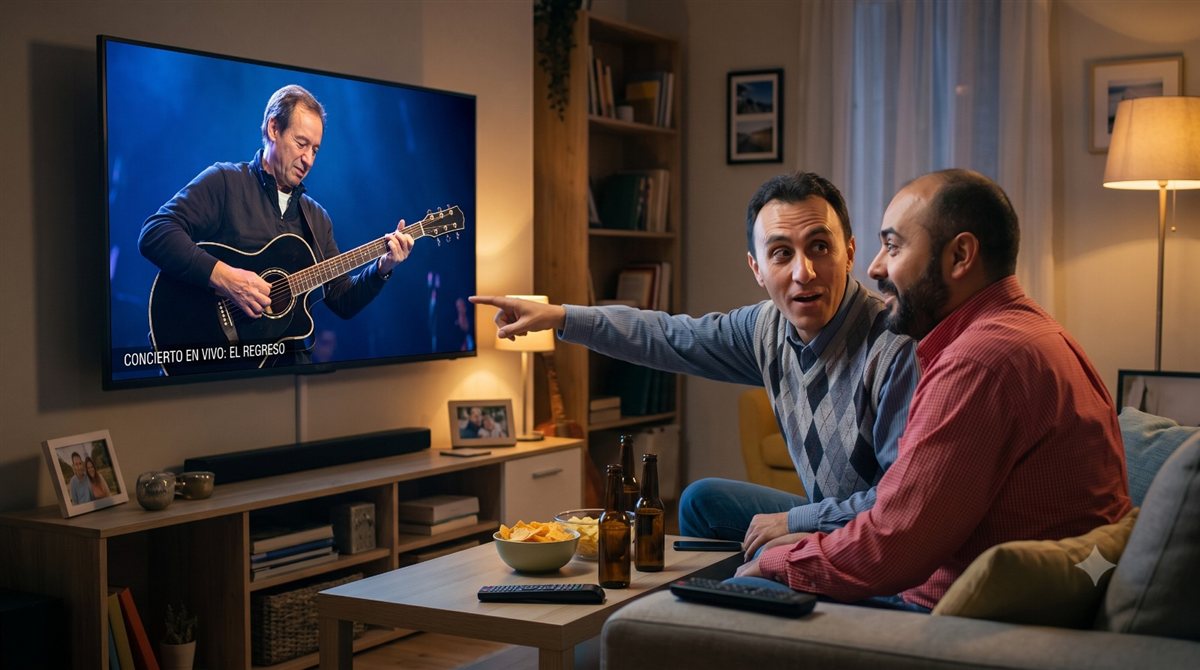 Dos amigos viendo un concierto en televisión y señalando al guitarrista
