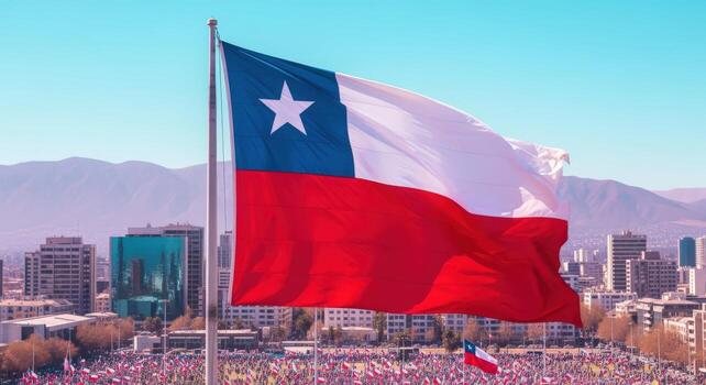 Bandera chilena flameando sobre la ciudad, con la cordillera de fondo