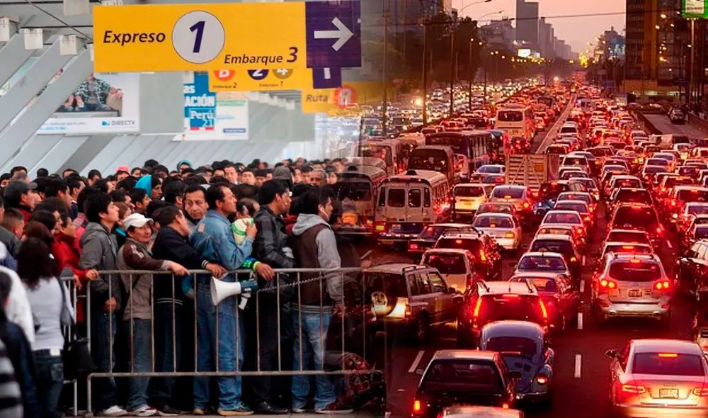 Pasajeros agolpados en un paradero y taco de autos en hora punta