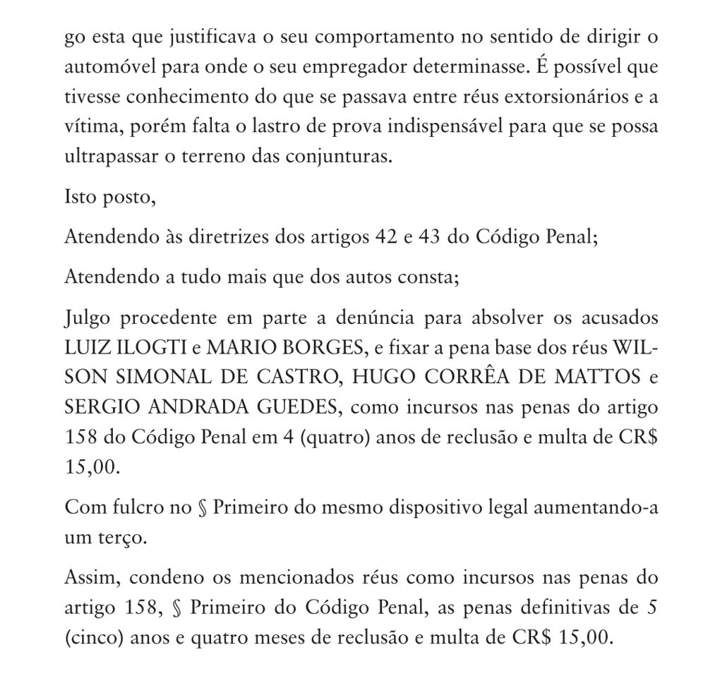 Fragmento de la sentencia de 1974 en portugués: el juez condena a Wilson Simonal, Hugo Corrêa de Mattos y Sérgio Andrade Guedes a cinco años y cuatro meses de reclusión.